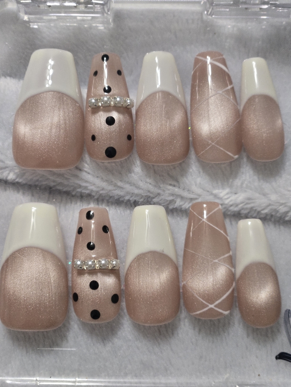 Neutral Champagne Press-On Nails Set with White Tips, Medium Length Coffen Shape